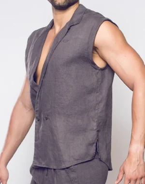 Breezy Linen Single Button Wrap Vest<span> - </span>S, Dark Grey